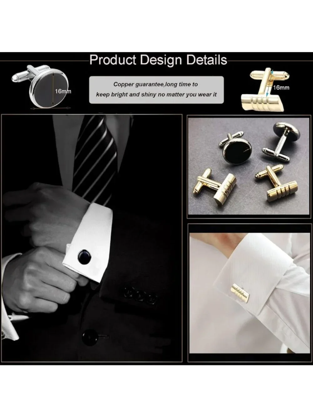 Classic Tone Cufflinks for Men - 12 Pairs Silver & Black Striped Disc & Square